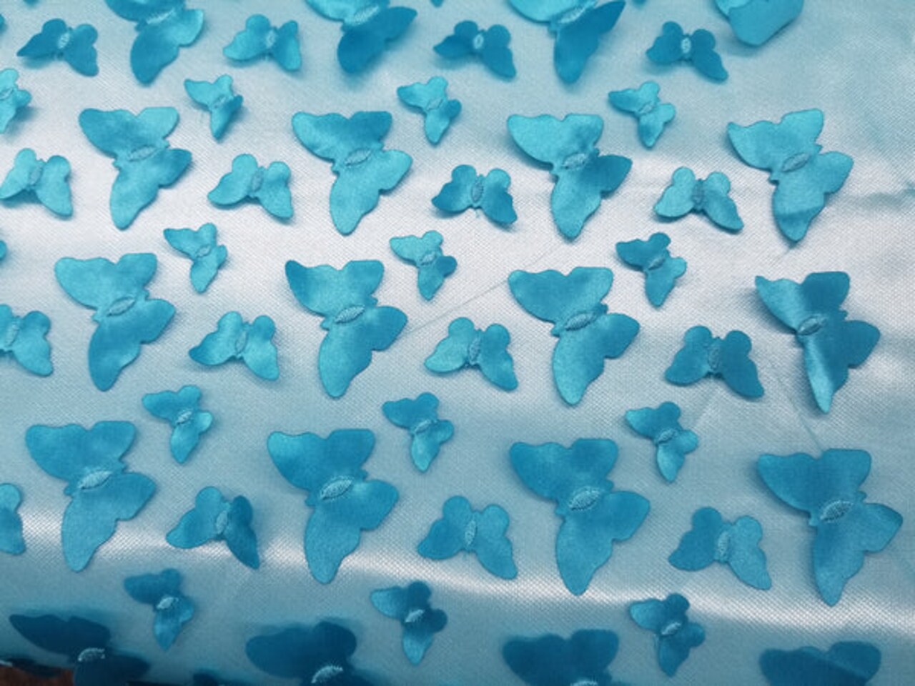 1 Yard Turquoise 3D Butterfly Embroidered Mesh Tulle Fabric for Dress Decor